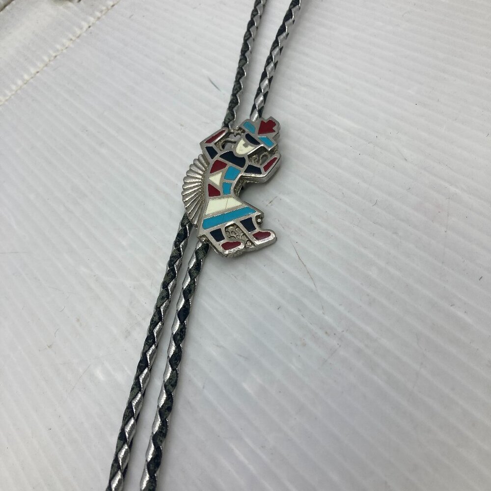 Vtg Navajo style enamel mayan bolo tie
